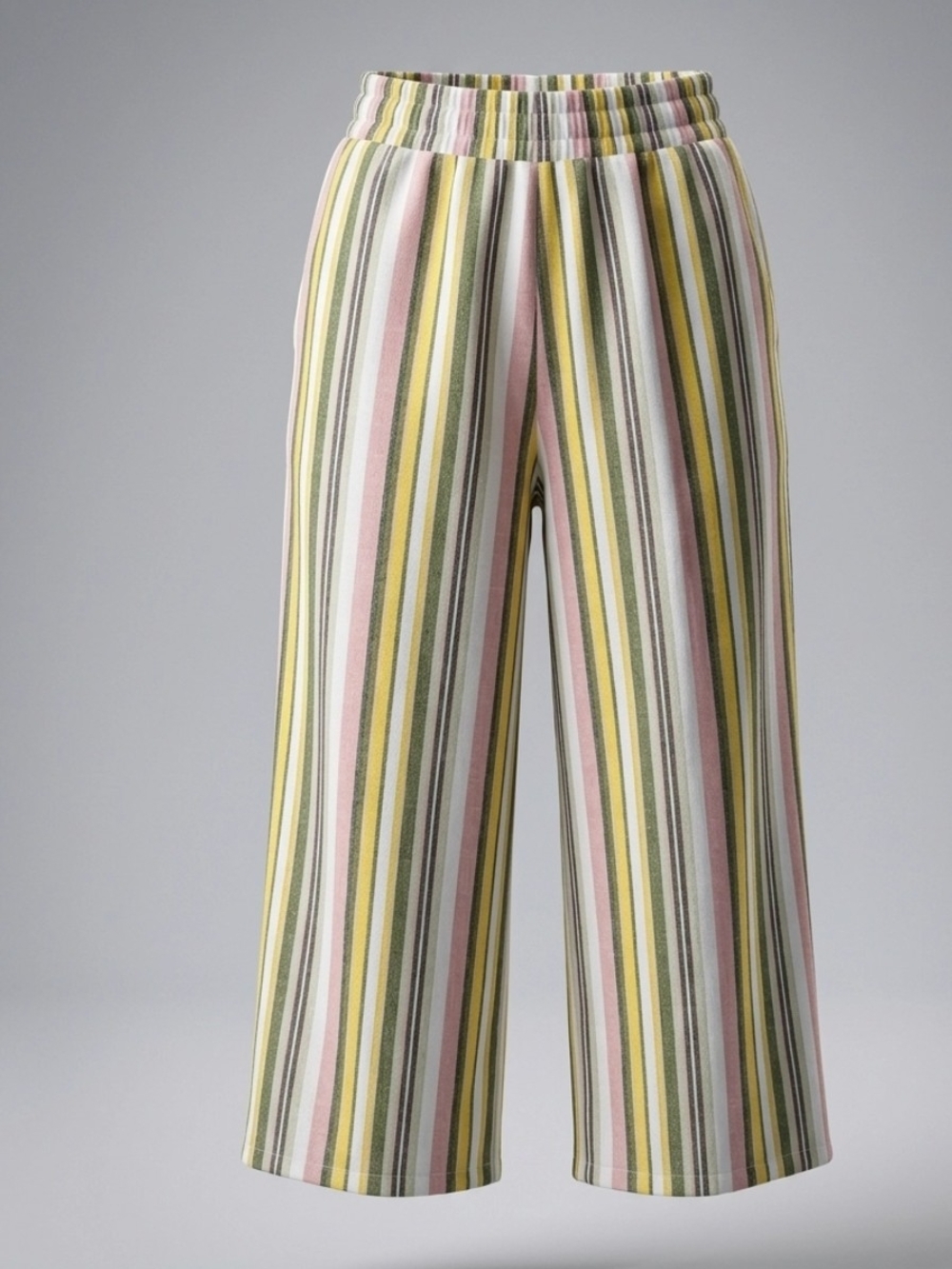 Striped Wide-Leg Cropped Pants in Pink, Yellow & Gray